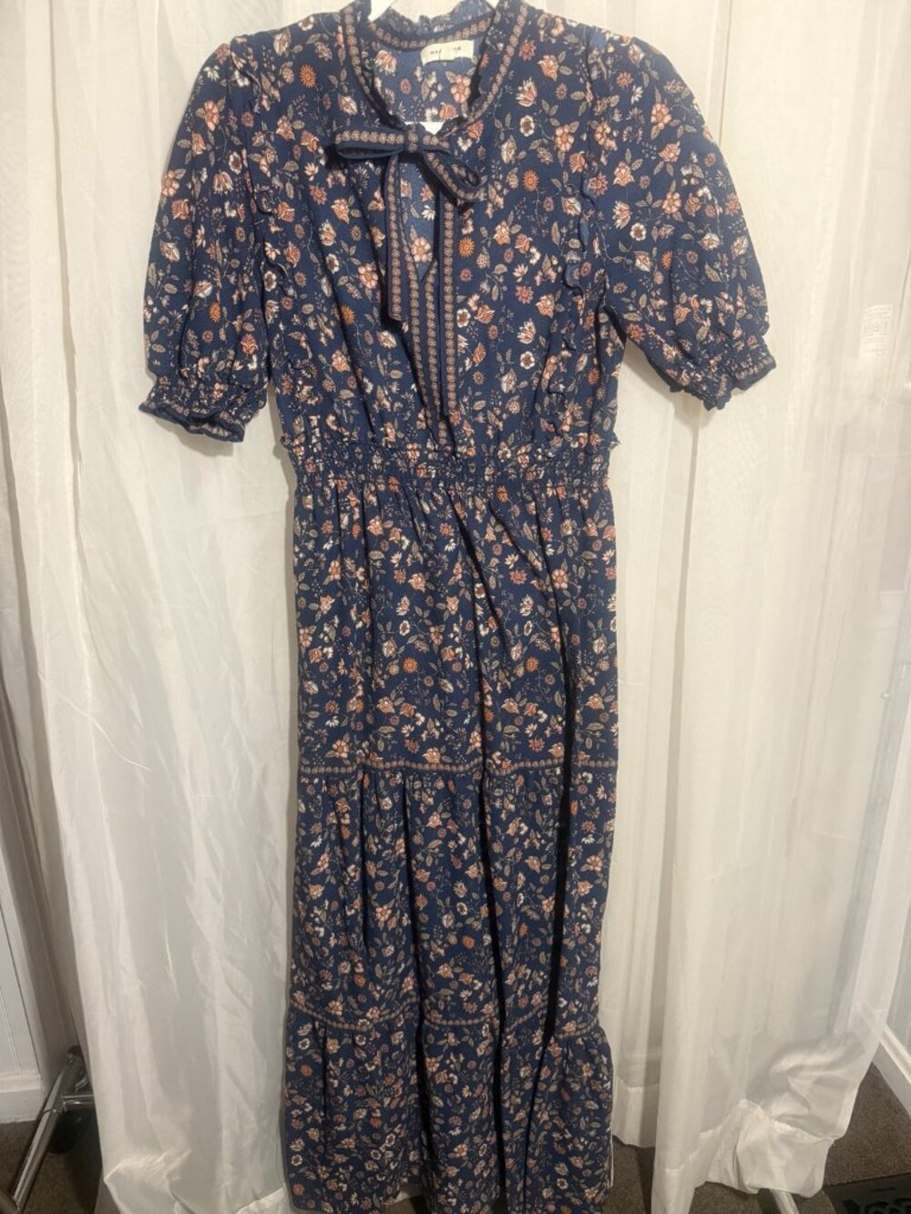 Max Studio Navy Floral Tie Neck Smocked Maxi Dress Size L